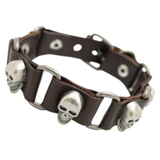 Bracelet Tête de Mort Cuir Skull Goth (Cuir Marron)